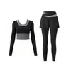 Roupas de Yoga para Treinamento Profissional para Mulheres, Blusa de Manga Longa com Blocos de Cor Falsa de Duas Peças com Bojos, Shorts de Cintura Alta, Emagrecimento, Corrida, Fitness, Conjunto Completo