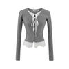 Tricô Spliced de Renda para Mulheres Estilosas 2025 Outono Novo Cardigan Curto de Tricô Falso Duas Peças com Decote V