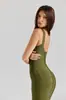 Vestido de Bandagem Elegante e Luxuoso com Gola U, Listras Bege, Cintura com Recorte Baixo e Costas Abertas, Vestido Longo Sexy para Primavera