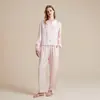 Gola de Boneca com Strass Roupa de Casa de Cetim para Mulheres Cardigã Rosa Doce de Manga Longa Conjunto de Pijama Solto