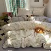 Juego de Cuatro Piezas Estilo Princesa de Algodón Puro con Encaje de Algodón, Sábana y Funda Nórdica Estilo Francés, Juego de Cama Estilo Coreano para Dormitorio, Juego de Tres Piezas