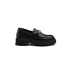 Mocassins de Couro Genuíno Estilo Britânico com Solado Grosso para Mulheres Fivela Dourada Arco do Triunfo Salto Bloco Sapatos Únicos Bico Redondo Slip-Ons Estilo College Sapatos Pequenos de Couro