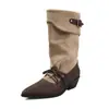 Botas de salto empilhado moda feminina 2026 Outono/Inverno novas botas curtas de salto grosso bico fino salto médio altura média da panturrilha com cadarço botas de moda
