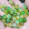 Contas Redondas Amarelas de Jadeíta, Contas Soltas de Jade com Fundo Branco e Padrões Florais Verdes, Acessórios para Joias de Pulseira e Colar, Contas de Jade Feitas à Mão