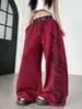 Estilo de Rua Americano Cintura Dupla Bloco de Cores Estampa de Letras Padrão Foice Calça de Moletom Feminina Outono Inverno Dança de Jazz Solta Casual Calça de Perna Larga
