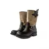 Primer Encuentro con Botas de Caballero de Tacón Alto con Hebilla Color Block Jiyinglon para Mujer, Tacón Grueso, Punta Redonda, Botas Largas de Motocicleta de Uso Bidireccional