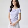 Camiseta Asimétrica de Manga Corta de Algodón Lyocell Tencel con Cuello Diagonal y Diseño Retorcido para Mujer Novedades de Verano Top Versátil Fruncido