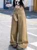 Jeans color caqui de estilo relajado y casual para mujeres petite, corte holgado, adelgazantes, pantalones rectos de pierna ancha