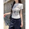 Playera de Manga Corta con Estampado de Letras American Hot Girl Chic para Mujer Verano Cuello Redondo Acanalado Hombro Derecho Slim Ajustada Top de Moda
