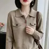 Cárdigan de punto con cuello polo y cremallera para mujer, suéter simple con bolsillo, abrigo de temperamento, manga larga, capa base para superponer