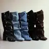 Botas transfronterizas europeas y americanas para mujer de talla grande, botas altas de tacón alto y punta redonda 48, zapatos de mujer de tacón grueso 46, botas de cuero de suela blanda para otoño e invierno para mujer
