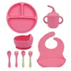 Conjunto de Louça de Silicone, Tigela de Comida Infantil, Utensílios de Prato de Comida de Grau Alimentício, Garfo, Colher, Copo de Água, Babador em Estoque