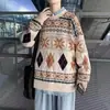 Suéter de Tricô Retrô Outono e Inverno Masculino Casal Estilo Coreano Tendência Estilo Étnico Solto Preguiçoso Manga Longa Tricô