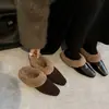 Mules de Piel de Vaca Zapatillas con Plataforma Interna para Mujer Nuevas de Piel Genuina Calientes de Lana Zapatillas Semi-Cerradas Zapatillas Peludas de Punta Cuadrada para Mujer