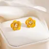 Brincos de Camélia com Gotejamento de Óleo e Zircônia para Mulheres, Design Exclusivo, Estilo Leve de Luxo, Brincos Elegantes, Acessórios de Orelha da Moda Florais Fofos para Mulheres