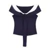 Camiseta de Manga Corta Azul Marino con Cuello Doble de Color Contrastante Estilo Shawl para Mujer Verano Estilo Puro Lustre Top Delgado de Cuello de Una Línea Gama Alta