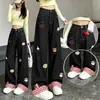 Carpa de marea en stock bordado de cachorro jeans de pierna ancha mujer otoño cintura alta bloque de color sueltos adelgazantes pierna recta pantalones largos moda