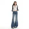 Jeans flare azul retrô de cintura baixa para mulheres, estilo americano, não apertado, elástico, calça boca de sino de perna reta