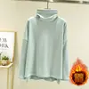 Camiseta de veludo solto de gola alta de manga comprida feminina com gola de pilha interna quente plus size Camisa de base de estilo ocidental grosso outono e inverno Top