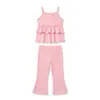 Venta Directa de Fábrica Comercio Exterior al por Mayor Conjunto de Tirantes Rayados Acanalados para Niñas con Top Fruncido y Pantalones Acampanados Conjunto de Dos Piezas