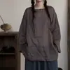Blusa fina de manga larga estilo Zen de Owis, holgada, cuello redondo, textura desgastada, camisa protectora solar artística y casual