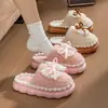 Chinelos de algodão femininos para casa com laço de renda, sapatos de algodão antiderrapantes para casal com forro de pelúcia para aquecimento, sapatos para maternidade
