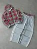 Conjunto patchwork xadrez retrô americano: conjunto de jaqueta com capuz e zíper xadrez e calça pantalona drapeada com listras laterais