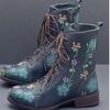 Comercio Exterior talla grande Nuevo Tacón Cuadrado Alto Botas Martin de Mujer Transfronterizas Cremallera Lateral Occidental Punta Redonda Moda Europeo y Americano Botas de Cuero