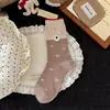 Meias Desenho Animado Infantil Cor Café Patchwork Bordado Ovelhinha Meia de Cano Médio Outono Novo Estilo Japonês Versátil Meias Largas Meias Sem Costura
