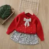 Conjunto de Dos Piezas de Suéter Infantil Ropa para Niñas Conjunto de Punto Falda Bebé Niña Lentejuelas Lazo Cárdigan Chaqueta Conjunto de Manga Larga