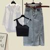 Traje de verano para mujer 2023, nuevo conjunto de tres piezas de camisa elegante con tirantes y falda vaquera de talla grande para mujer