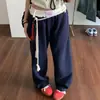 Calça Esportiva Casual Retro Azul Marinho Transfronteiriça Feminina 2025 Novo Costura Cintura Calça de Moletom Calça de Perna Larga Solta