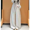 Pantalones casuales de otoño, sencillos y versátiles, blancos, adelgazantes, con caída fluida, diseño de cordón, deportivos, de pierna curva, pantalones de pierna ancha