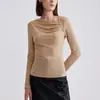 Camisa de fondo de diseño nuevo para mujer de lona, manga larga, otoño e invierno, cuello oblicuo, color liso, aspecto adelgazante, camiseta, top para mujer