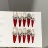 Uñas Portátiles Puramente Hechas a Mano, Piezas de Manicura Larga de Gama Alta para Otoño e Invierno Rojas de Año Nuevo con Diamantes y Parches de Uñas Postizas Brillantes