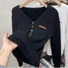 Suéter de una pieza con cuello en V de terciopelo y forro polar para mujer, camisa base, suéter interior cálido y grueso de corte ajustado para otoño e invierno.