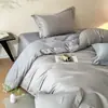 100% Algodão Puro Cor Sólida Estilo Artesanal Color-Blocking Luxo Simples Etiqueta Tecida Conjunto de Quatro Peças Roupa de Cama para Dormitório Estudantil Feito Sob Medida