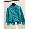 Suéter feminino de gola redonda, espessado para outono e inverno, novo estilo casual soltinho, top de tricô trançado, malha de base