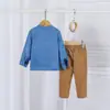 Conjunto de Camisa de Mezclilla con Cuello Alto para Niños, Temporada de Primavera y Otoño, Top de Manga Larga Decorado con Etiqueta de Cuero, Pantalones de Pana, Conjunto de Dos Piezas para Niños