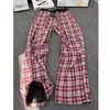 Otoño Nuevo de Moda Elegante Ins Cintura Elástica Holgados Pierna Ancha Forro Polar Bloque de Color Retro Cuadros Pantalones Unisex