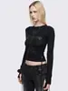 Camiseta Larga Punk Niche Transfronteriza Europea y Americana con Strass, Forma de Cruz Personalizada Versátil Y2K Casual Ajustada con Cuello Negro Solapa
