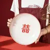 Conjunto de Tigela e Prato Cerâmicos para Casamento, Presente Festivo Vermelho para Noivado Doméstico, Tigela Vermelha para Casamentos, Design Simples com Palavras Felizes