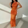 12047 Nova Roupa Feminina Transfronteiriça Europeia e Americana Estampa de Bolinhas Slim Sexy Hot Girl Sem Costas Sem Mangas Alça no Pescoço Vestido