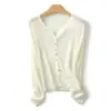 Novo cardigã delicado estilo francês, fino, gola redonda, tricô canelado, suéter justo para mulheres, blusa de manga comprida para primavera/verão, adequado para usar em ambientes com ar condicionado