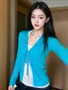 Cárdigan de punto fino con cuello en V y corbata, protección solar, para mujer, chic de verano, dulce y picante, adelgazante, base, manga larga