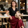 Camiseta de Verano de Color Sólido de Manga Corta Ajustada para Mujer, Top Sexy Ajustado con Cuello en V Estilo Commuter Americano para Mujer