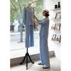 Conjunto de Cardigã de Tricô Azul com Calça Wide-Leg para Mulheres 2025 Primavera Novo Look Redutor de Idade Emagrecedor Conjunto de Duas Peças Fashion de Alta Qualidade