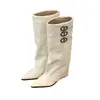 Fivela de cinto Fugui Yizu estilo europeu e americano para calças e botas femininas, novas botas de montaria de bico fino com salto plataforma, botas longas
