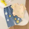 Roupas Infantis Verão Bebê Criança Camiseta Cropped + Bordado Floral em Tecido Felpudo Jeans Retrô Fofo Energético Em Estoque