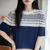 Camiseta de punto jacquard a rayas retro de Lyocell con cuello redondo, diseño color-block, moda versátil, top simple y elegante para mujer, adecuado para ir al trabajo